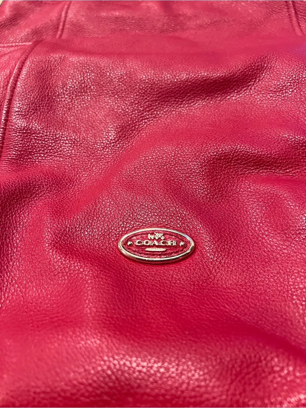 Coach Red Pebbled Leather Shoulder Bag with Logo Plaque
